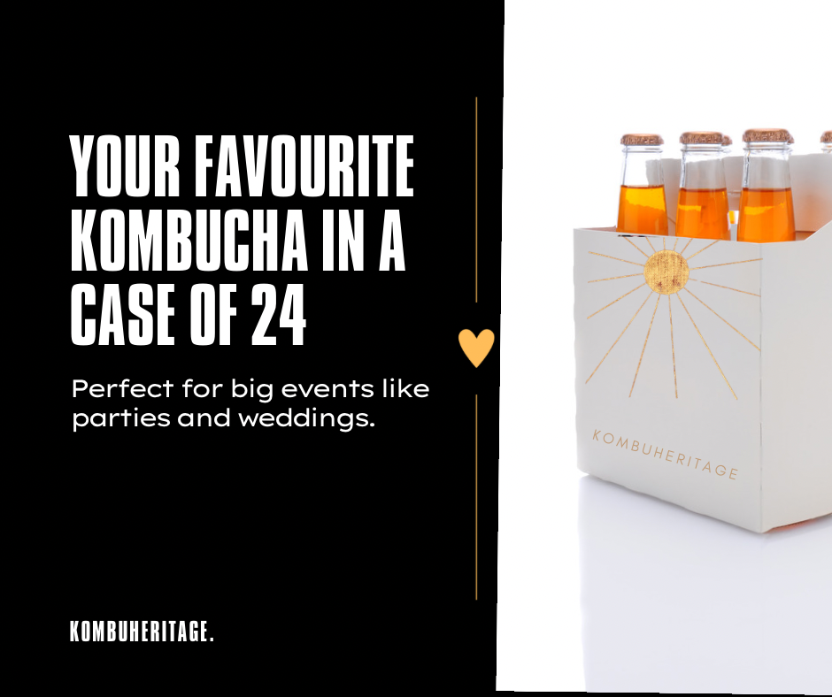 Promotional image for KombuHeritage kombucha featuring a case of 24 bottles filled with orange liquid. Text reads, "Your Favourite Kombucha in a Case of 24. Perfect for big events like parties and weddings." The Effervescent Explorer 24X case has a sunburst design with "KOMBUHERITAGE" written on it.