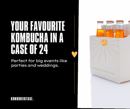 Promotional image for KombuHeritage kombucha featuring a case of 24 bottles filled with orange liquid. Text reads, "Your Favourite Kombucha in a Case of 24. Perfect for big events like parties and weddings." The Effervescent Explorer 24X case has a sunburst design with "KOMBUHERITAGE" written on it.