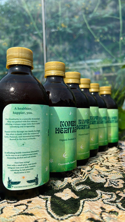 Six brown glass bottles with green labels and gold caps are lined up on a patterned surface. The labels read "KombuHeritage" and indicate that the product is an organic probiotic kombucha tea, specifically Chamomile Garden flavor, part of the Effervescent Explorer 24X series. Perfect for those seeking diverse flavors, the background shows a blurry outdoor setting.